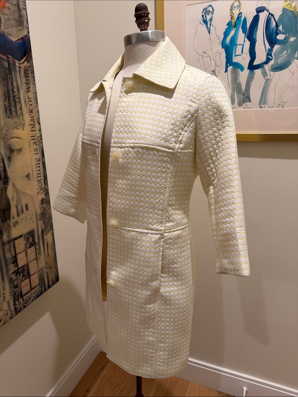 Yansi Fugel Vintage Yellow and White Circles Quilted Coat